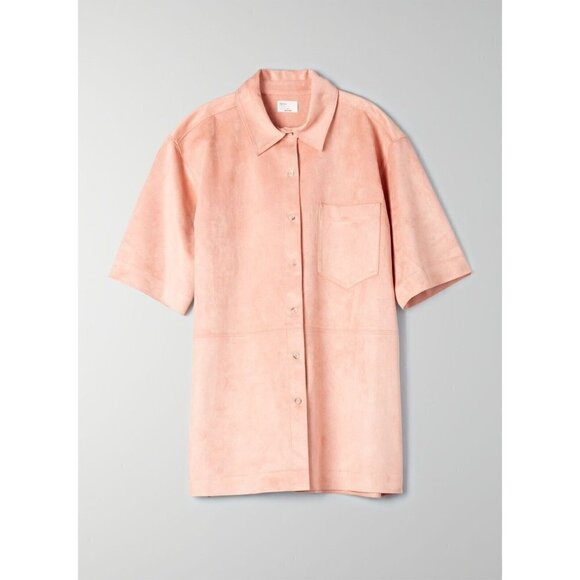 Le Fou Wilfred FUNK Short Sleeve Vegan Suede Button Up Womens XS Dark Peach Top - Picture 4 of 4